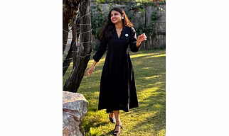 Black Petal Cotton Flax Dress With Hand Stitched Flower