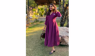 Wine Petal Cotton Flax Dress With Hand Stitched Flower