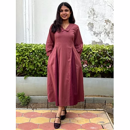 rosewood pleat midi cotton flax dress
