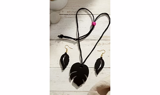 Handmade Black Leaf Pendant Necklace with Matching Earrings | Minimal Wooden Jewelry Set