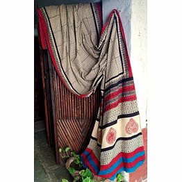 block print saree maroon, black & indigo
