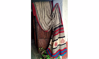 Block Print Saree Maroon, Black & Indigo