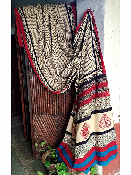Block Print Saree Maroon, Black & Indigo