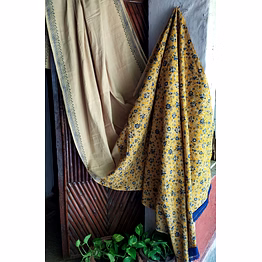 block print saree mustard, gray, indigo & black