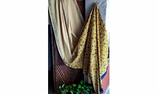 Block Print Saree Mustard, Gray, Indigo & Black