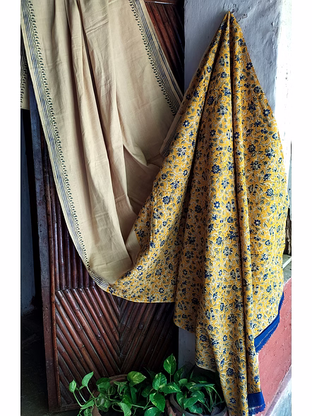 Block Print Saree Mustard, Gray, Indigo & Black