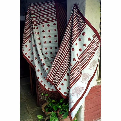 block print saree rust