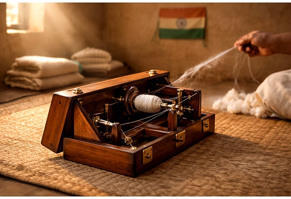 Magan Charkha box spinning wheel with handspun cotton yarn and khadi cloth, symbolizing Swadeshi sel