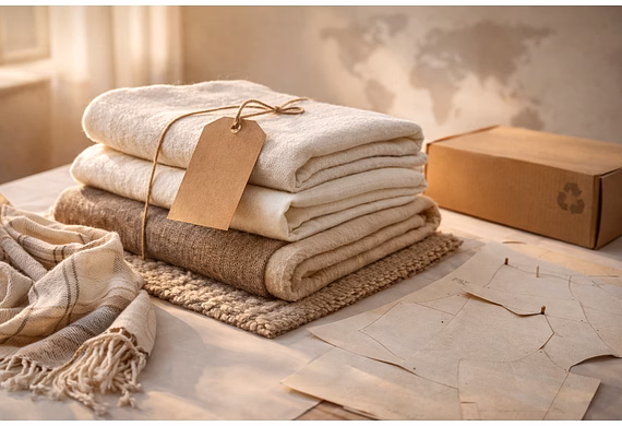 Folded khadi fabric swatches with eco-friendly packaging elements representing sustainable khadi exp