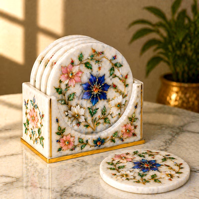 marble table coaster set with stand