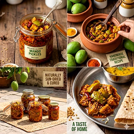 homemade authentic gujarati pickles - traditional handcrafted achar, rich homemade taste, no preservatives, pure ingredients, classic indian flavors for every meal