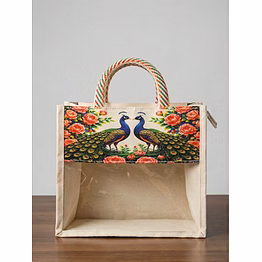 premium printed jute & clear window gift bag – peacock heritage series