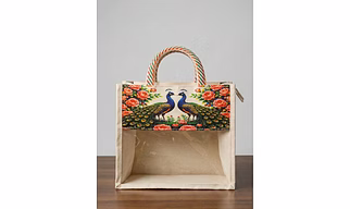 Premium Printed Jute & Clear Window Gift Bag – Peacock Heritage Series