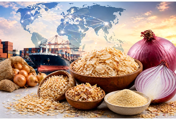 Global dehydrated onion market supply with flakes, minced, kibbled, and powder for export trade