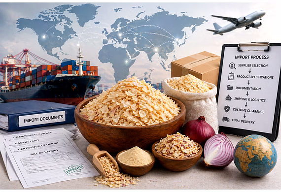 Importing dehydrated onion from India with bulk packaging and global shipping logistics