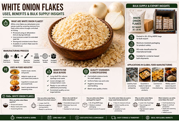 Dehydrated white onion flakes for bulk food processing and export supply
