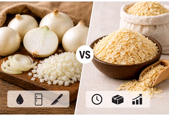 Comparison between fresh onions and dehydrated onion products for food processing use
