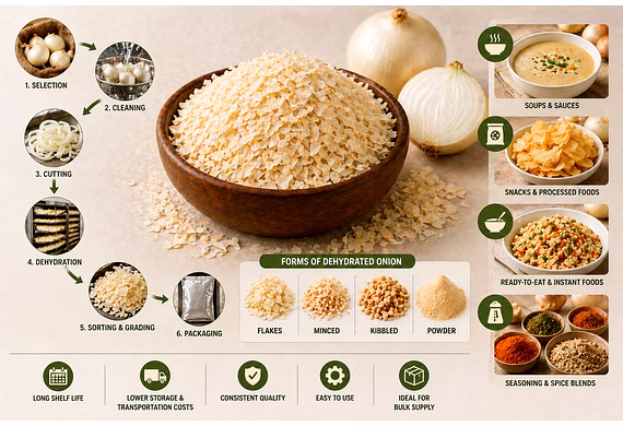 Different forms of dehydrated onion flakes minced kibbled and powder for food processing and export