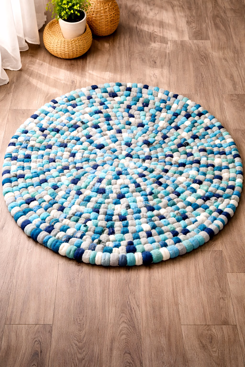 handmade wool felt ball rug – multicolor round wool carpet for living room, kids room & home décor.