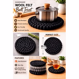 wool felt ball trivet: farmhouse kitchen decor (20 cm) hot pot, coaster ,table mat, pot holder