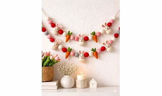 WOOL FELT BALL BUNNY GARLAND, EASTER GARLAND