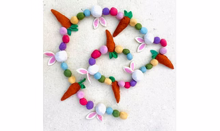 Handmade Easter Felt Ball Garland with Bunny Ears & Carrots – Spring Wall Hanging Decoration for Home, Nursery, Party Decor, Pastel Wool Felt Easter Garland Banner