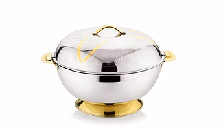 Luxury Engraved Stainless Steel Serving Casserole with Gold Base
