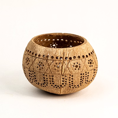 thenga hand carved coconut shell candle holder | lantern tealight - tropical | handcrafted natural decor