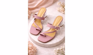 Women’s Pastel Pink Block Heel Sandals with Transparent Strap & Buckle Detail – Square Toe Slip-On Party Heels