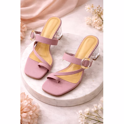 women’s pastel pink block heel sandals with transparent strap & buckle detail – square toe slip-on party heels