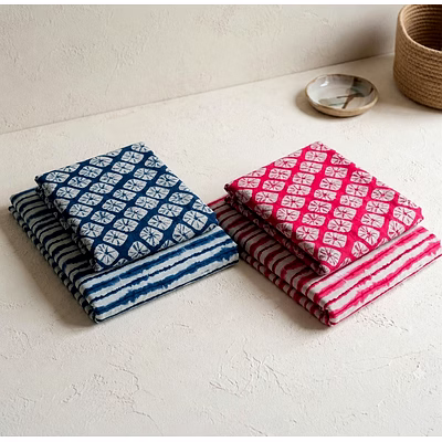 hand block printed batik and stripe cotton cambric fabric set