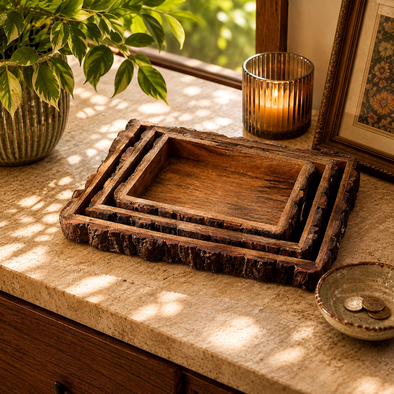Wooden Serving Tray Set, Rustic Nesting Trays, Farmhouse Table Decor, Set of 3 image 5