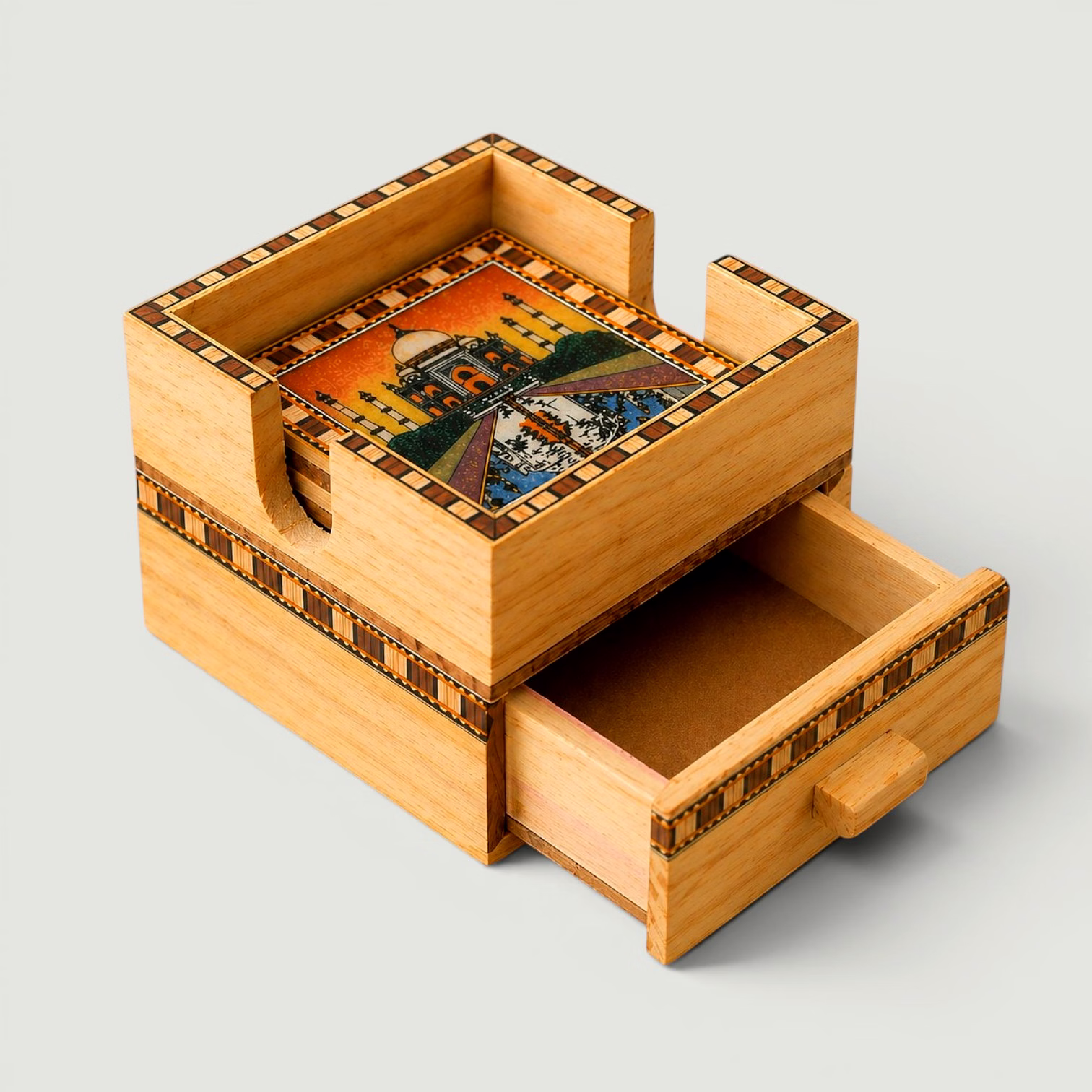 Handcrafted Taj Mahal Wooden Coaster Set with Holder | Decorative Tea & Coffee Coasters | Ethnic Table Decor Gift Set image 1