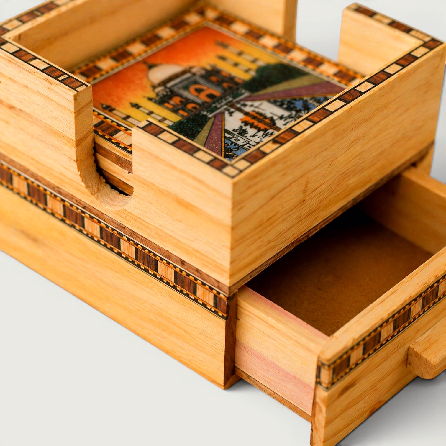 Handcrafted Taj Mahal Wooden Coaster Set with Holder | Decorative Tea & Coffee Coasters | Ethnic Table Decor Gift Set image 2