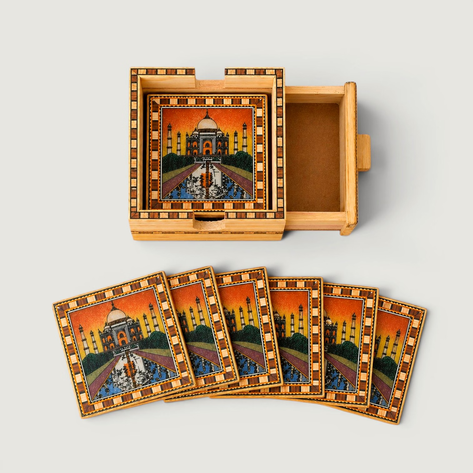 Handcrafted Taj Mahal Wooden Coaster Set with Holder | Decorative Tea & Coffee Coasters | Ethnic Table Decor Gift Set image 3