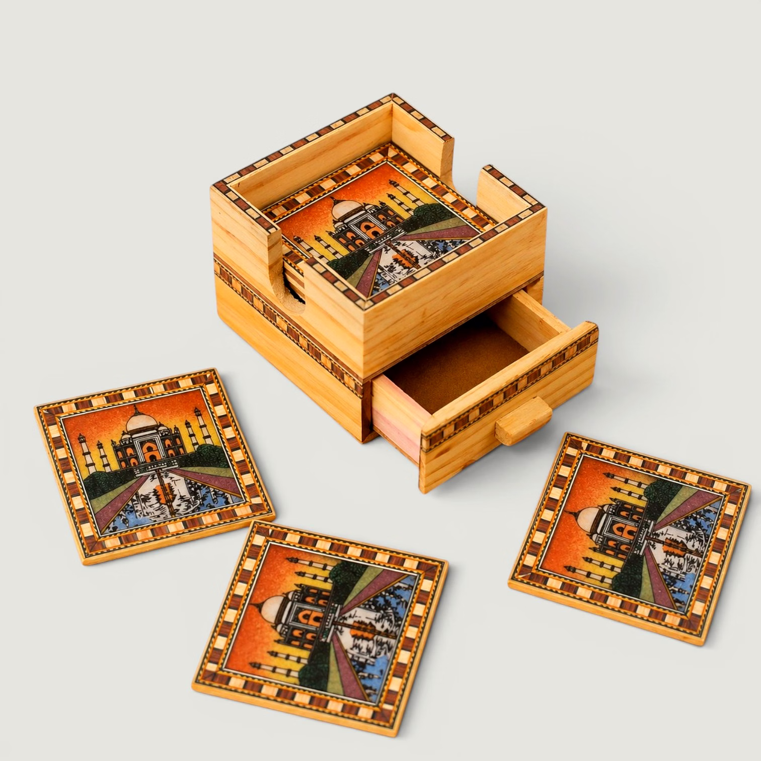 Handcrafted Taj Mahal Wooden Coaster Set with Holder | Decorative Tea & Coffee Coasters | Ethnic Table Decor Gift Set image 4