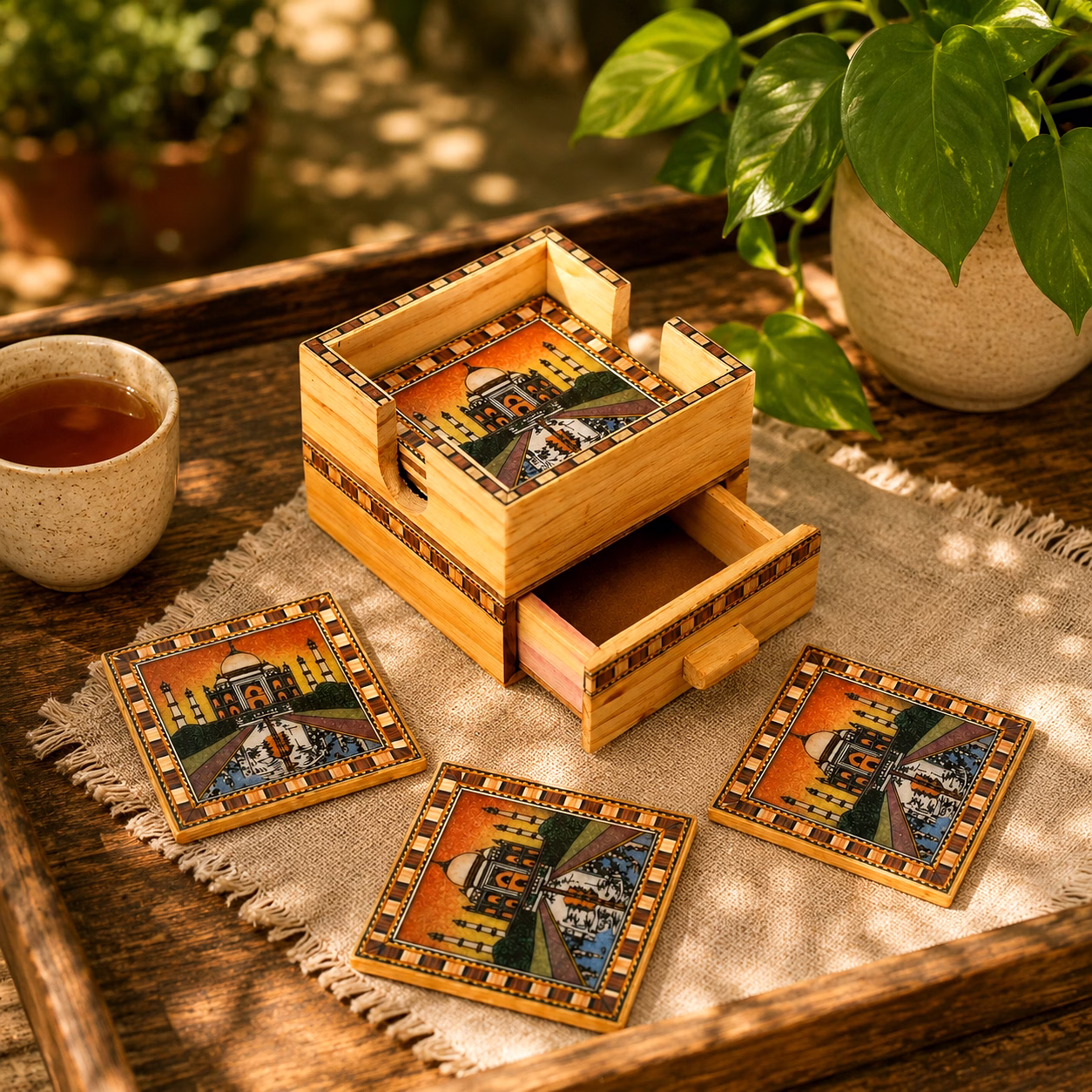 Handcrafted Taj Mahal Wooden Coaster Set with Holder | Decorative Tea & Coffee Coasters | Ethnic Table Decor Gift Set image 5