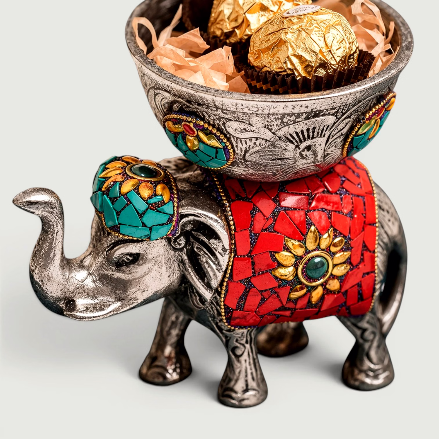 Decorative Elephant Bowl with Mosaic Artwork | Aluminium Dry Fruit Holder | Festive Serving & Table Decor Accent image 2