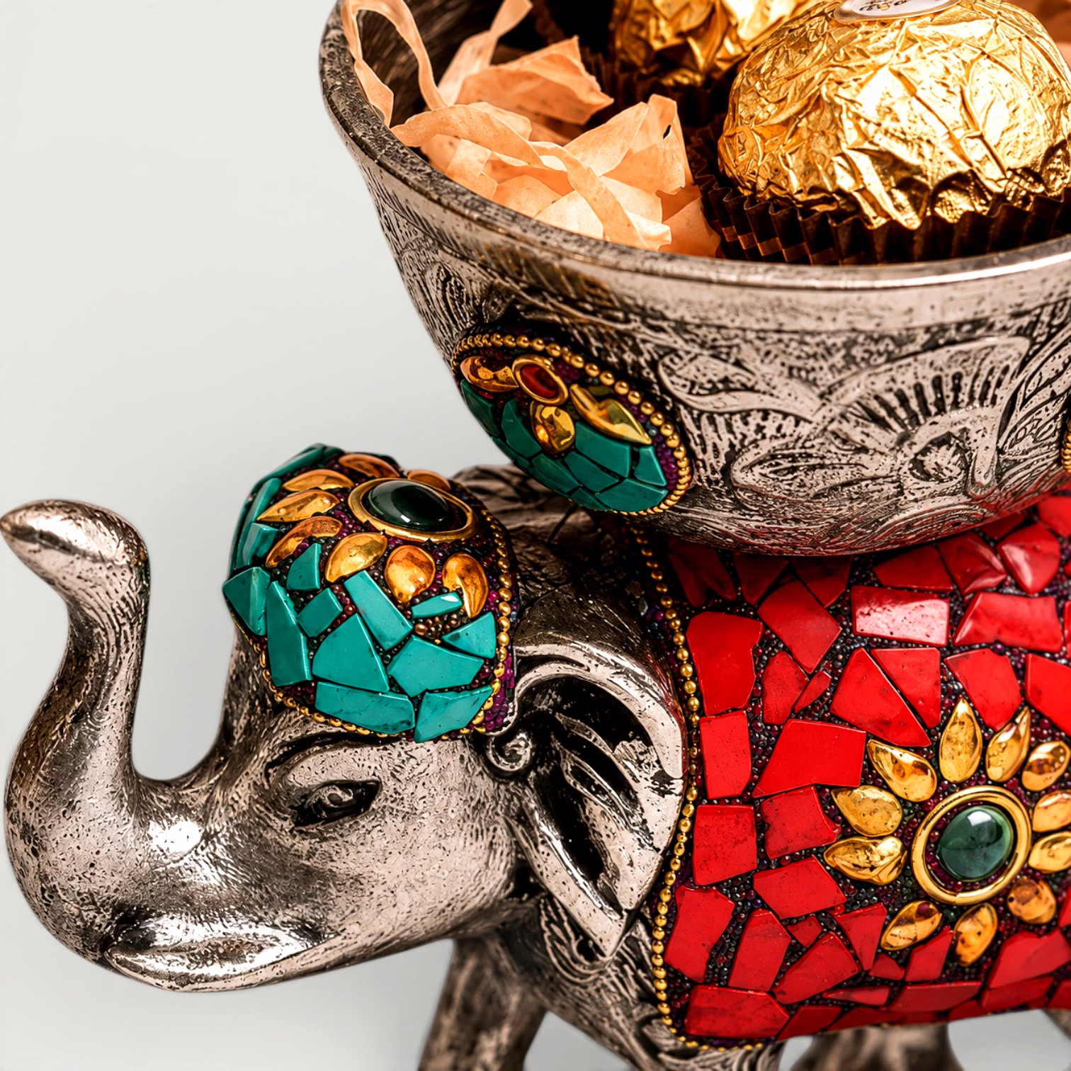 Decorative Elephant Bowl with Mosaic Artwork | Aluminium Dry Fruit Holder | Festive Serving & Table Decor Accent image 4