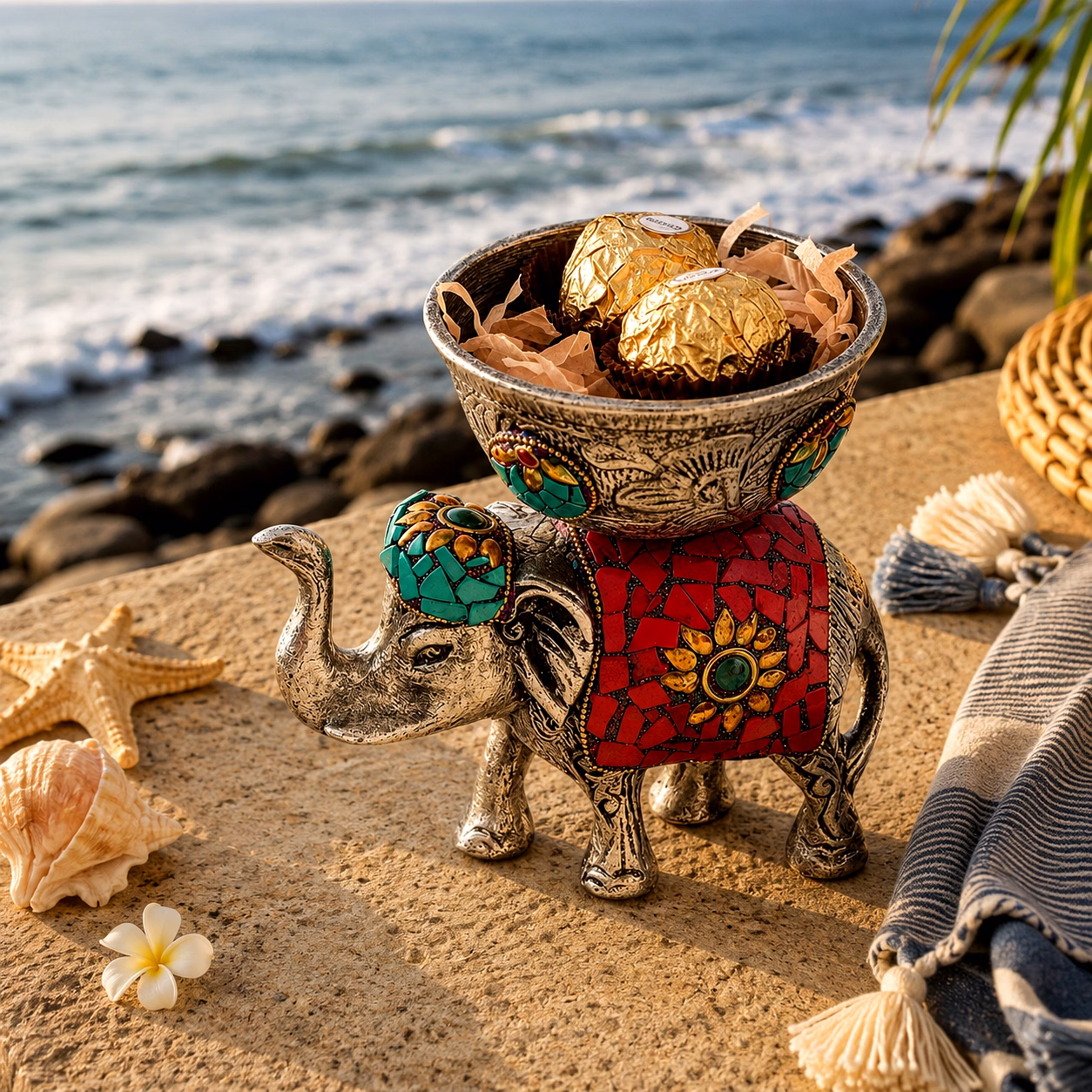 Decorative Elephant Bowl with Mosaic Artwork | Aluminium Dry Fruit Holder | Festive Serving & Table Decor Accent image 5