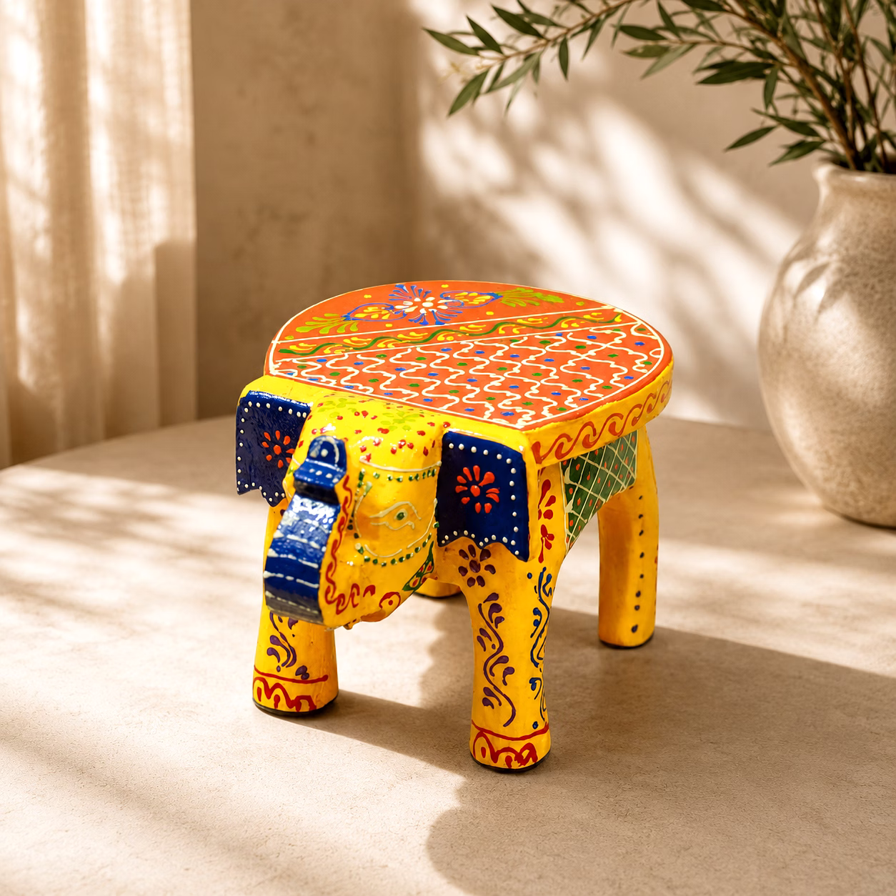 Hand-Painted Wooden Elephant Stool | Decorative Mini Stool | Traditional Indian Handicraft & Tabletop Decor image 5