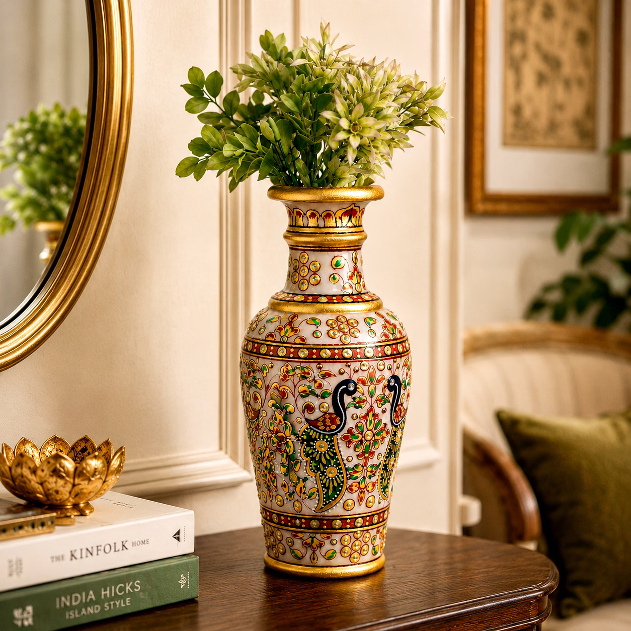 Hand-Painted Peacock Marble Vase | Decorative Marble Flower Vase | Traditional Indian Home Decor Accent image 5