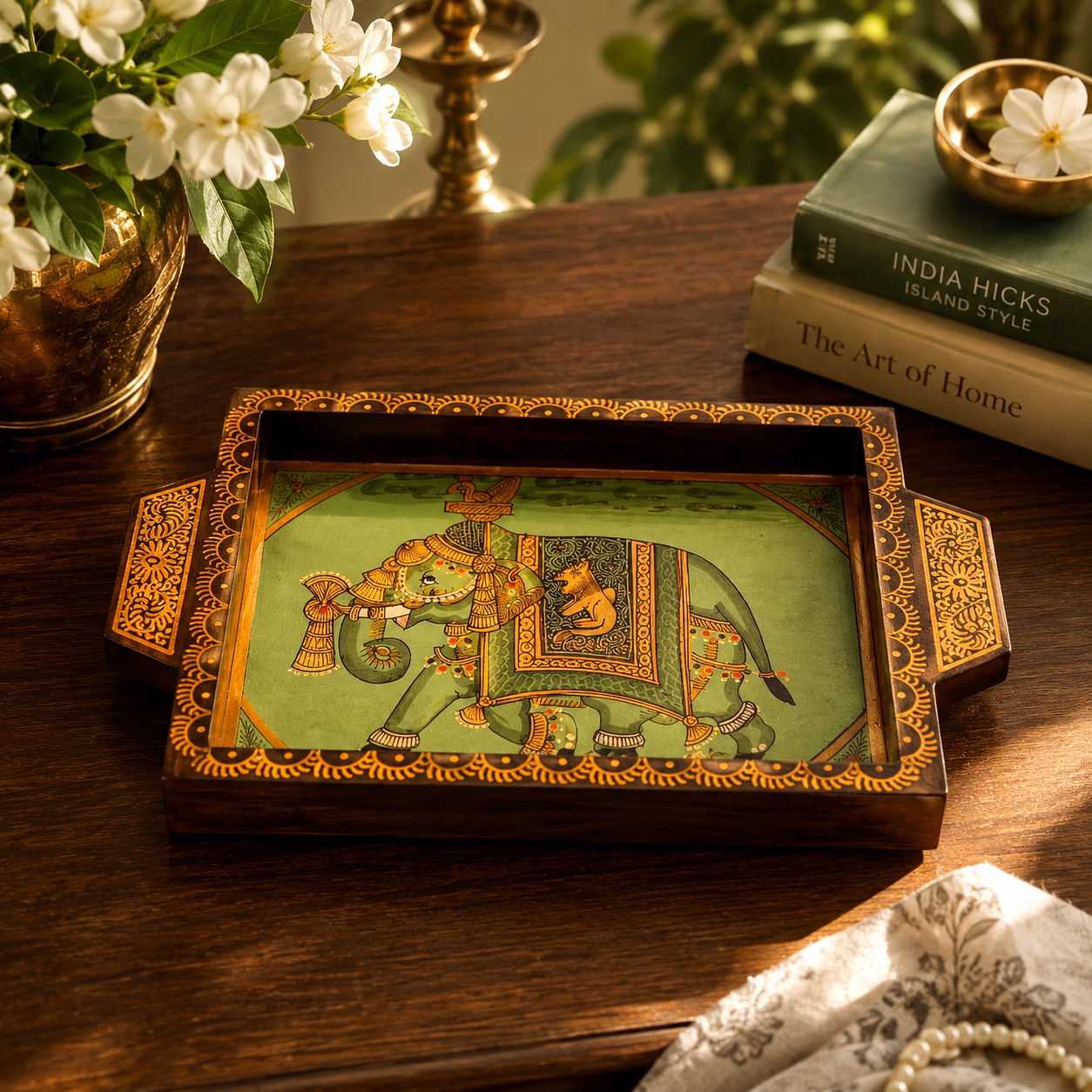 Handcrafted Wooden Elephant Print Serving Tray | Decorative Wooden Tray | Ethnic Tableware & Home Decor Accent image 5