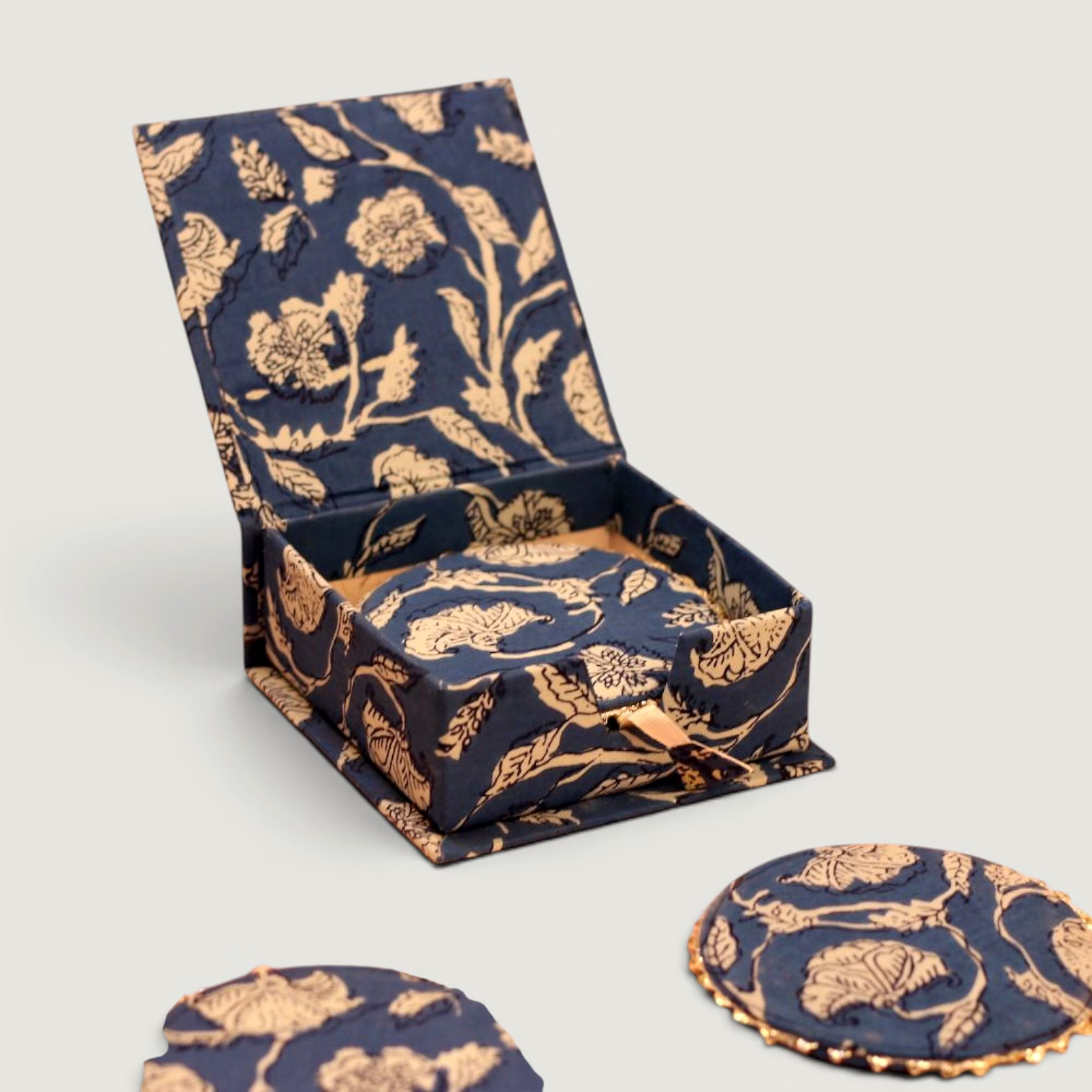 handcrafted fabric coaster set with storage box | printed table coasters | decorative tea & coffee coaster gift set