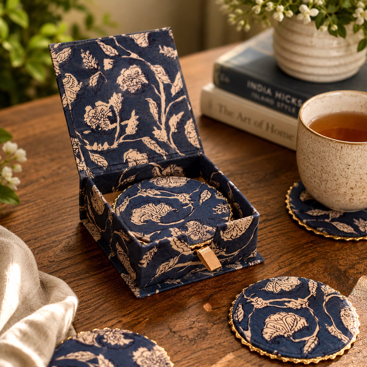 Handcrafted Fabric Coaster Set with Storage Box | Printed Table Coasters | Decorative Tea & Coffee Coaster Gift Set image 5