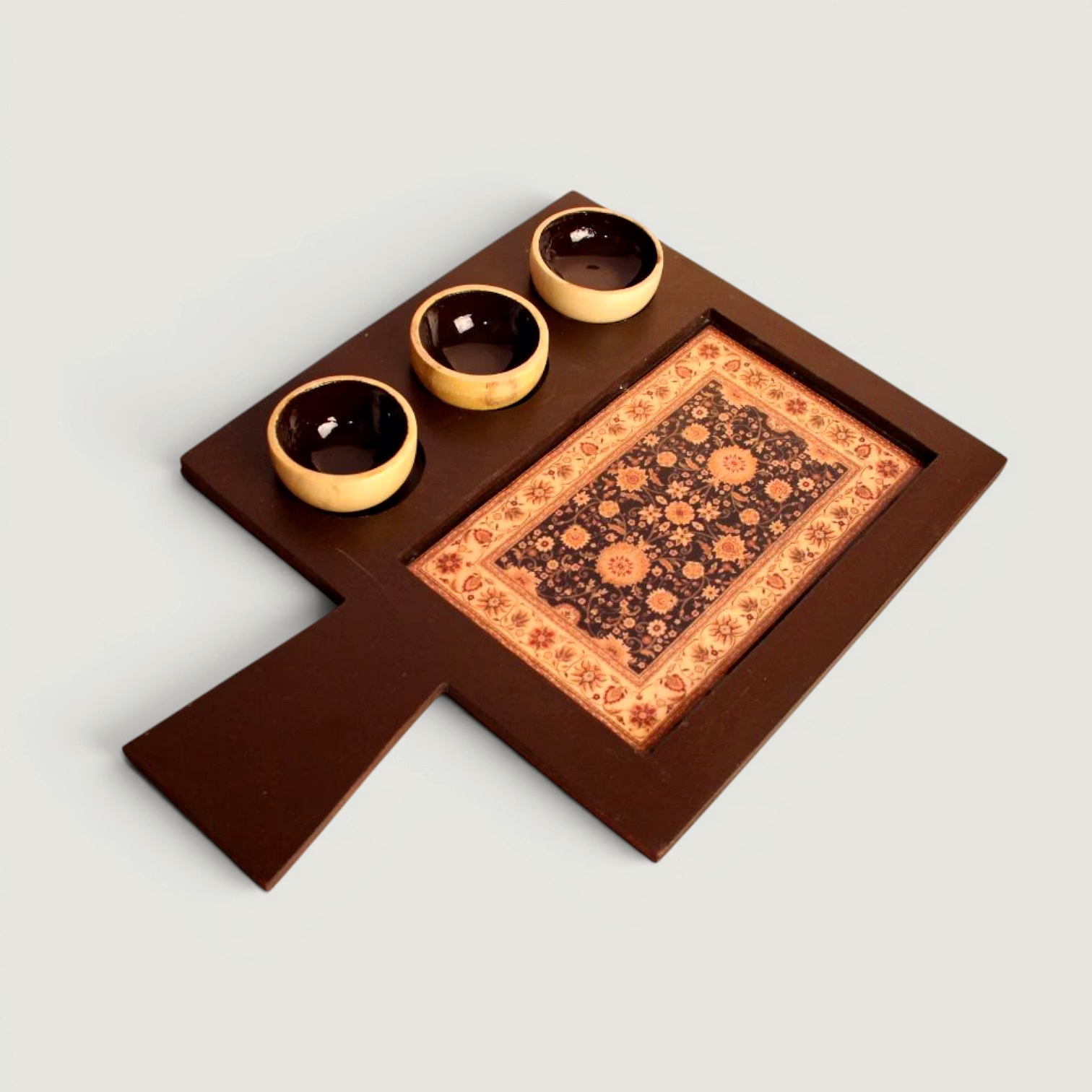 handcrafted wooden serving tray with ceramic bowls | snack & dip serving platter | decorative entertaining tray set