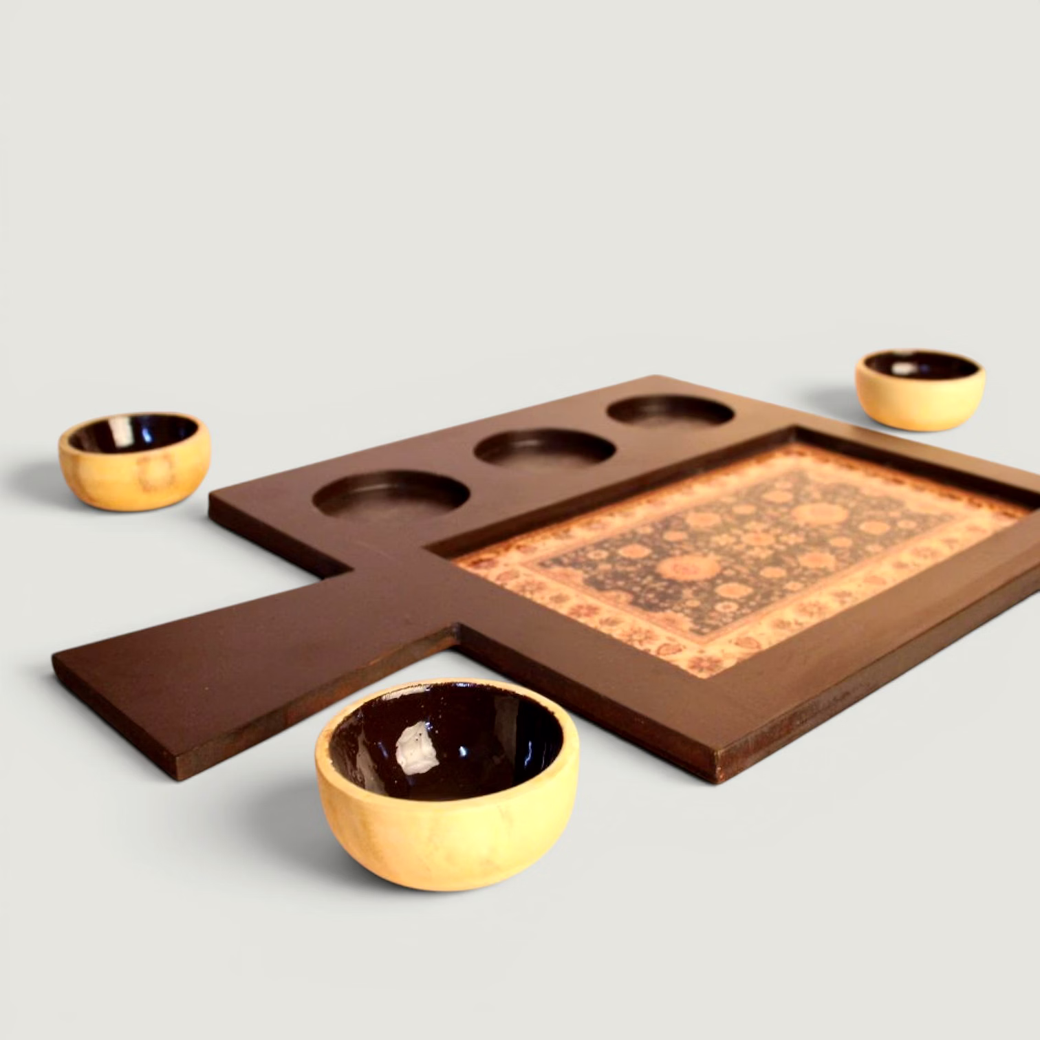 Handcrafted Wooden Serving Tray with Ceramic Bowls | Snack & Dip Serving Platter | Decorative Entertaining Tray Set image 2