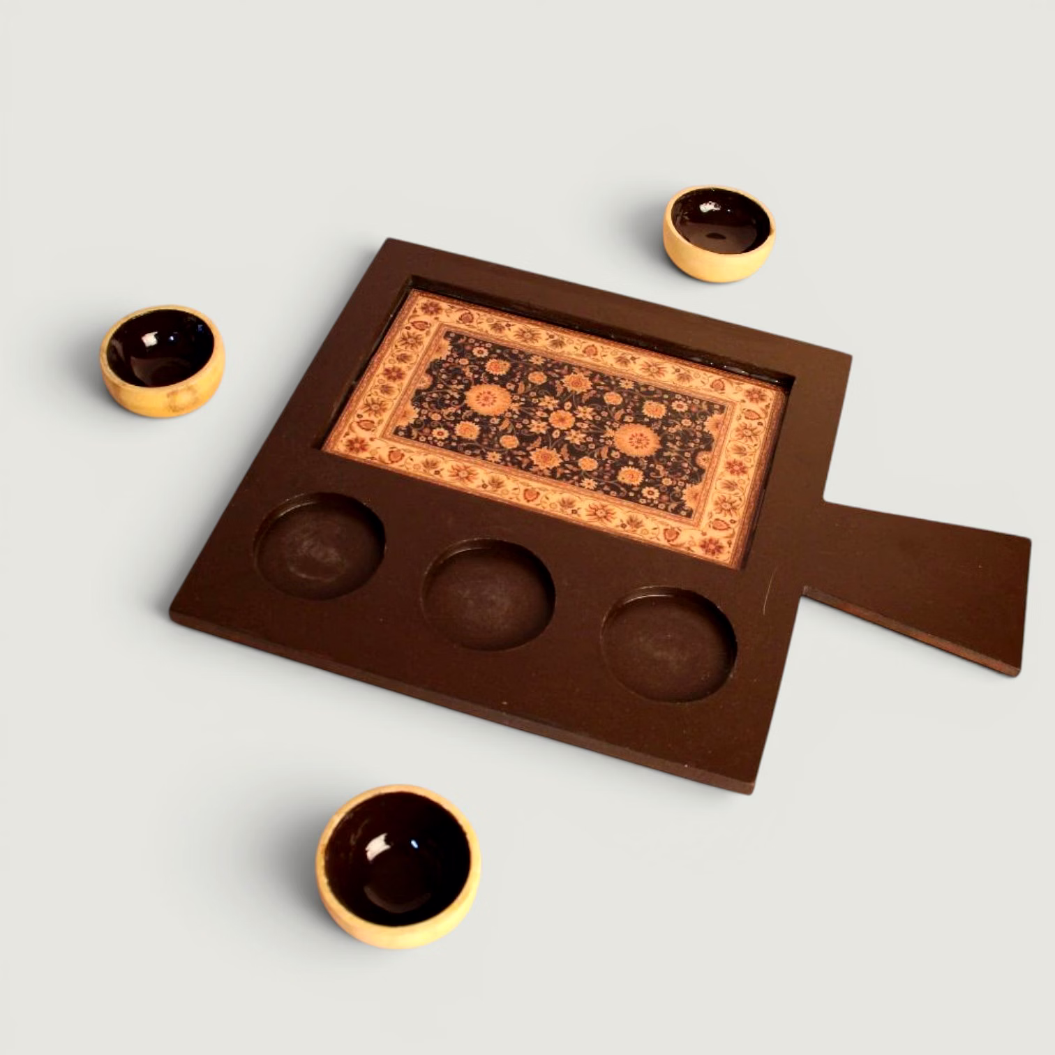 Handcrafted Wooden Serving Tray with Ceramic Bowls | Snack & Dip Serving Platter | Decorative Entertaining Tray Set image 3
