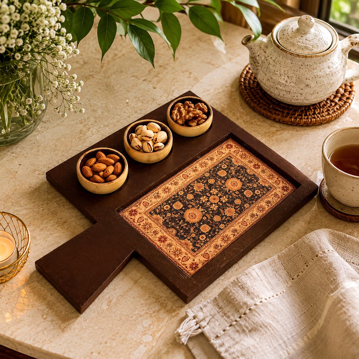 Handcrafted Wooden Serving Tray with Ceramic Bowls | Snack & Dip Serving Platter | Decorative Entertaining Tray Set image 5