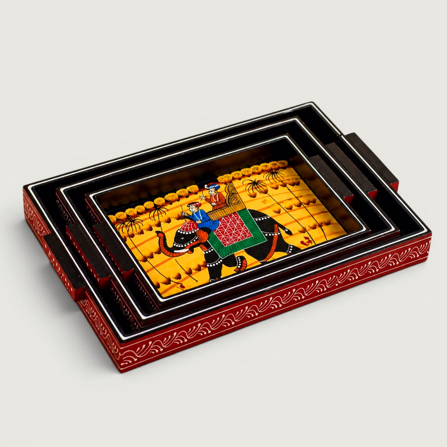 handcrafted wooden serving tray set of 3 | traditional elephant artwork trays | decorative tableware & home decor collection